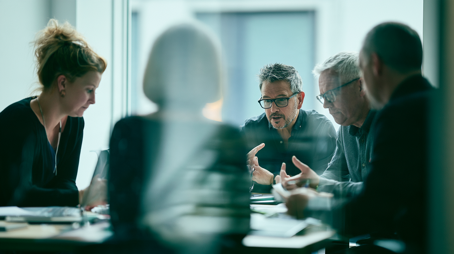 A small team discussing a project around a meeting table