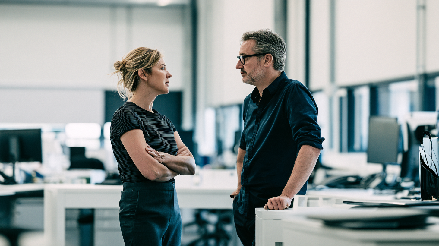 Two colleagues talking through a decision in an open-plan office